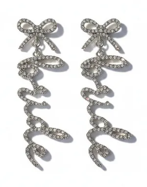 Silver Crystal Bow Bride Script Drop Earrings Bridal Wedding Statement Jewelry thumbnail 1