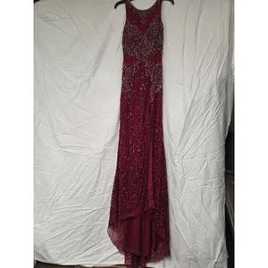 Zasa Chic by Karishma Creations Long Dark Red Hand Beaded Slit Pageant Dress 4 thumbnail 2