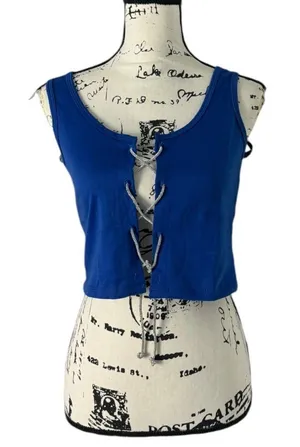 Blue Lace-Up Open Front Crop Top - Size L thumbnail 1