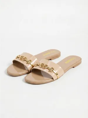 Women's Beige Slide Sandals with Gold Accent thumbnail 4