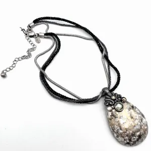 Chico’s marbled rhinestone beaded‎ corded layered silvertone necklace pendant thumbnail 1