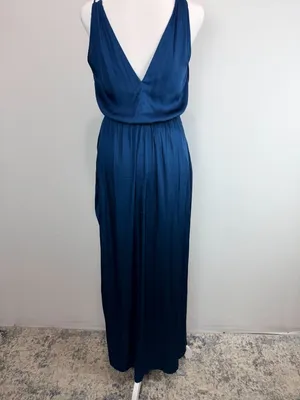 H&M dark teal satin maxi dress minimalist slip with slit and open back vibe 2 thumbnail 2