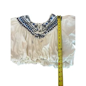 Free People Joni Top Boho Embroidered Puff Sleeve Cropped White Blue Women Small thumbnail 7