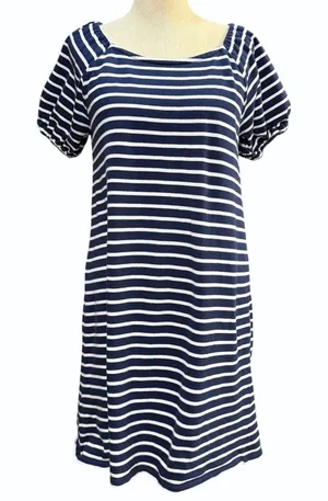 LOFT M Blue Striped Puff Sleeve Shift Knit‎ Dress Mini Nautical Coastal Preppy thumbnail 1