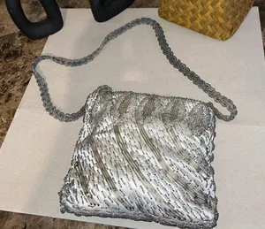 Vintage 1950’s Silver Beaded Purse Hand Beaded Made in Hong Kong Gorgeous bag thumbnail 1