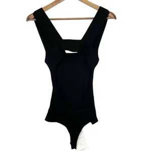 Olivaceous Size S Ribbed Bodysuit Square Neck Cutout Back Thong‎ Black Stretchy thumbnail 3