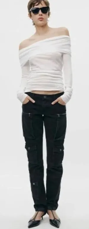 Zara The Slim Cargo in Black Denim Jeans Sz 34 NWT Slim Leg Mid Rise thumbnail 1