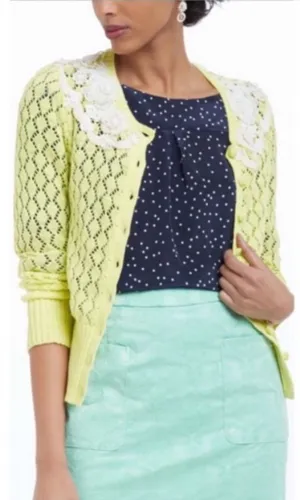Anthropologie Sparrow Valance Lace Knit Cardigan Lime Yellow Size M Rare thumbnail 1