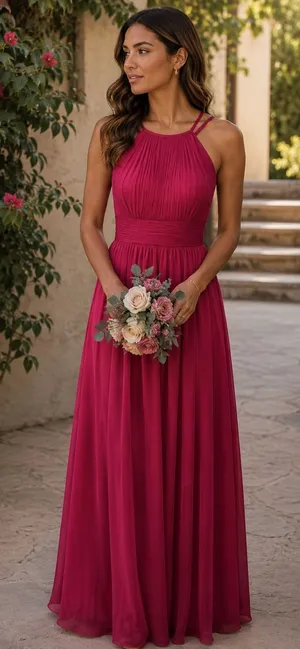 JJ's House Berry Chiffon Pleated A-Line Floor-Length Bridesmaid Dress S/M thumbnail 1