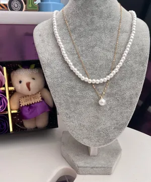 Double Pearl Collar Chain Necklace Gold thumbnail 3