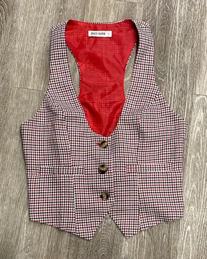 Vintage plaid checkered tuxedo vest button front red checks gingham small thumbnail 1
