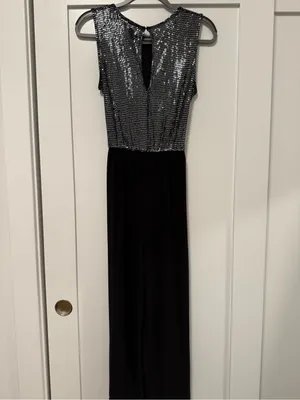 Black Sequin Bodice Evening Capri Jumpsuit with Waist Tie thumbnail 9
