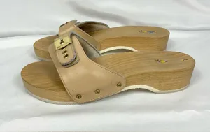 Vintage Dr. Scholl's Pescura Wood Sandals Tan Leather Italy Size 7 Original thumbnail 1