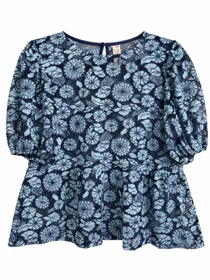 NWOT Dolan Anthropologie Blue Floral Lace Peplum Puff Sleeve Blouse thumbnail 2