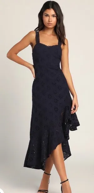 Lulus Navy Blue Holiday Sleeveless Trimmed Embroidered‎ Asymmetric Dress Sz M thumbnail 1