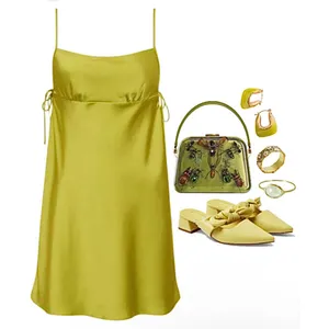 Rumored Meadow Mini Dress LARGE‎ Square Neck Green Satin Empire Cocktail NEW thumbnail 3