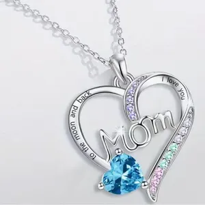Silver Heart Mom Necklace with Blue and Multicolor Accents thumbnail 1