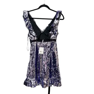 Free People Silver Blue Sequin Mini Dress V-Neck Open Back Ruffle Size 0 NEW thumbnail 4