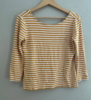 Ann Taylor Yellow Mustard White Striped Long Sleeve Top Scoop Neck Fall Casual thumbnail 1