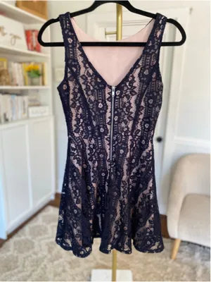 Speechless Navy‎ Mini Dress Lace Formal Romantic Parisian Boho Quiet Luxury S thumbnail 3