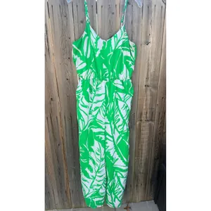 Lilly Pulitzer 20th Anniversary Green and White Tropical Print Satin Jumpsuit Lg thumbnail 2