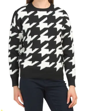 Andrea Jovine Womens Black White Houndstooth Fuzzy Crewneck Sweater Size Medium thumbnail 1
