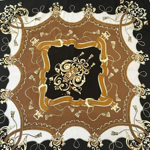 Elegant Black and Brown Scarf with Intricate Design Poly Satiny thumbnail 1