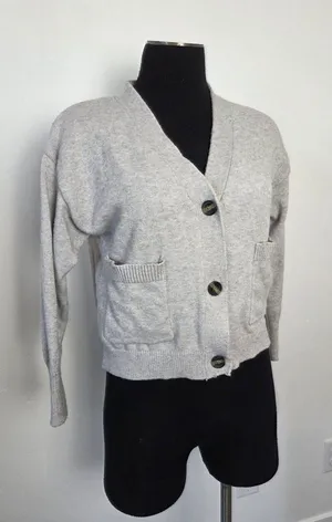 Poof Gray Cardigan Sweater Short Cozy Soft Academia Preppy Twee Old Money Small thumbnail 1