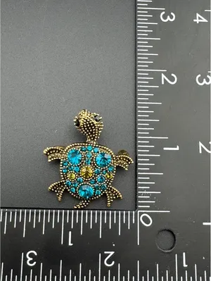 Gold Tone Turtle Brooch with Blue and Green Rhinestones thumbnail 4