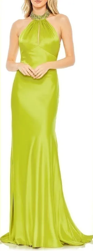 IEENA FOR MAC DUGGAL 7599567 Beaded Halter Neck Satin Mermaid formal Gown Green thumbnail 1