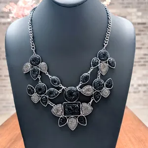 Stunning Bib Necklace Statement Large Chunky Black & Dark Silver Tone thumbnail 1