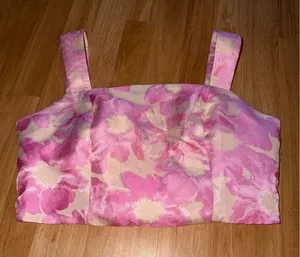 TCEC Women Pink Floral Jacquard Crop Top Square Neck Zip Back Size L thumbnail 1