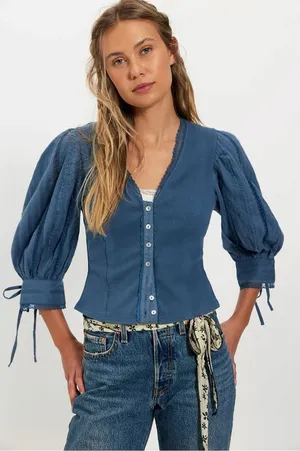 Free People Dainty Ethereal Cottage Victorian Lace Blouse Dusty Blue Large NWT thumbnail 1