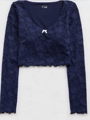 OFFLINE by Aerie Treat Yourself Navy Floral Eyelet Lace Crop Long Sleeve Top M thumbnail 5