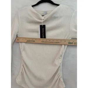 PrettyGarden Ribbed Cowl Neck Top Women Small Cream Long Sleeve Ruched Side NWT thumbnail 7
