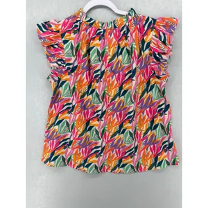 THML Womens Blouse Tropical Leaf Print‎ Ruffle Sleeve Elastic Neck M thumbnail 3