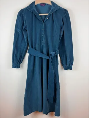 Gull Island Vintage Blue Corduroy Belted Shirt Dress Size 8 Puff Sleeve Midi thumbnail 2