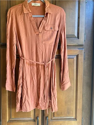 🌸No Comment long-sleeve peach V-neck shirt dress Size small thumbnail 2