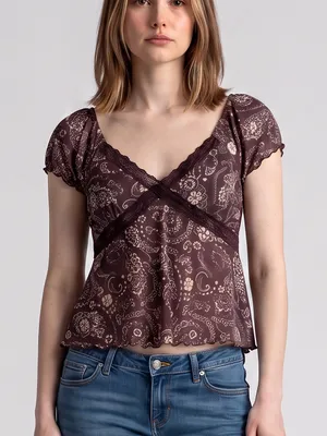 La Pêche Y2K Floral Lace Trim mesh Blouse poof Sleeve Fairy coquette cottagecore thumbnail 1