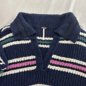 Free People Navy Blue Striped Chunky Knit Polo V-Neck Sweater Large thumbnail 7