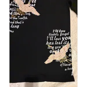 Comaekar Black Graphic‎ T-Shirt Dress Sequin Crane Bird Script Long Sleeve Mini thumbnail 13