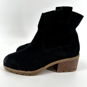Sorel Cate Pull On Waterproof Suede Rain Ankle Boots Booties Block Heel Black 6 thumbnail 4