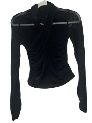 Commense Black Mesh Ruched Cross-Halter Long Sleeve Top NWT Size Small thumbnail 2