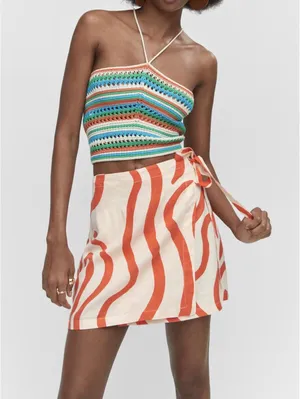 Mango Printed Linen-Blend Skirt Orange Ecru NWT Size XS thumbnail 1