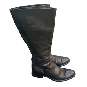 Black Leather Tall Wide Calf Riding Boots Low Block Heel Size 7.5 38.5 W3458 thumbnail 3