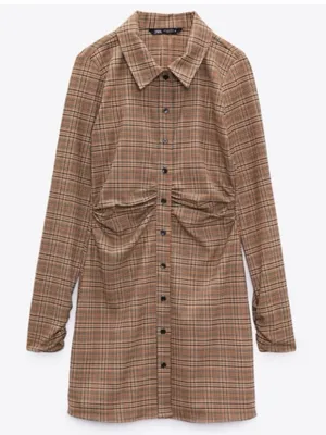 Zara Brown Plaid Check Mini Shirt Dress Womens Small Ruched Front Long Sleeve thumbnail 2