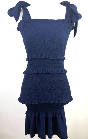 Altar'd State Navy Blue Ruffle Smocked Shoulder Tie Bodycon Dress Size XS thumbnail 1