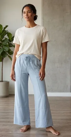 Rae Mode Women Cotton Blend Pants Siz L Light Blue Wide Leg Lounge Elastic Waist thumbnail 1