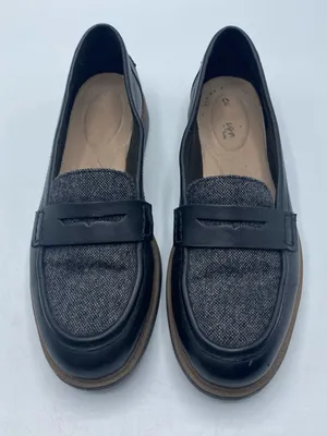 Clarks Raisie Aletta Black Leather Gray Tweed Slip-On Penny Loafers 7M Cushion thumbnail 1