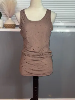 Brown Rhinestone Ruched Mesh Back Tank Top Size Large – Y2K Going Out thumbnail 3